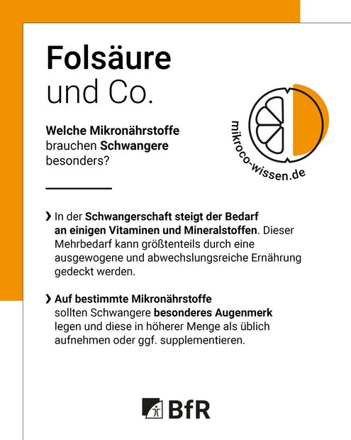 Folsäure und Co - Welche Mikronährstoffe brauchen Schwangere besonders? In der Schwangerschaft steigt der Bedarf an einigen Vitaminen un Mineralstoffen. Dieser Mehrbedarf kann größtenteils durch eine ausgewogene und abwechslungsreiche Ernährung gedeckt werden. Auf bestimmte Mikronährstoffe sollten Schwangere besonderes Augenmerk legen und diese in höherer Menge als üblich aufnehmen oder ggf. supplementieren.
